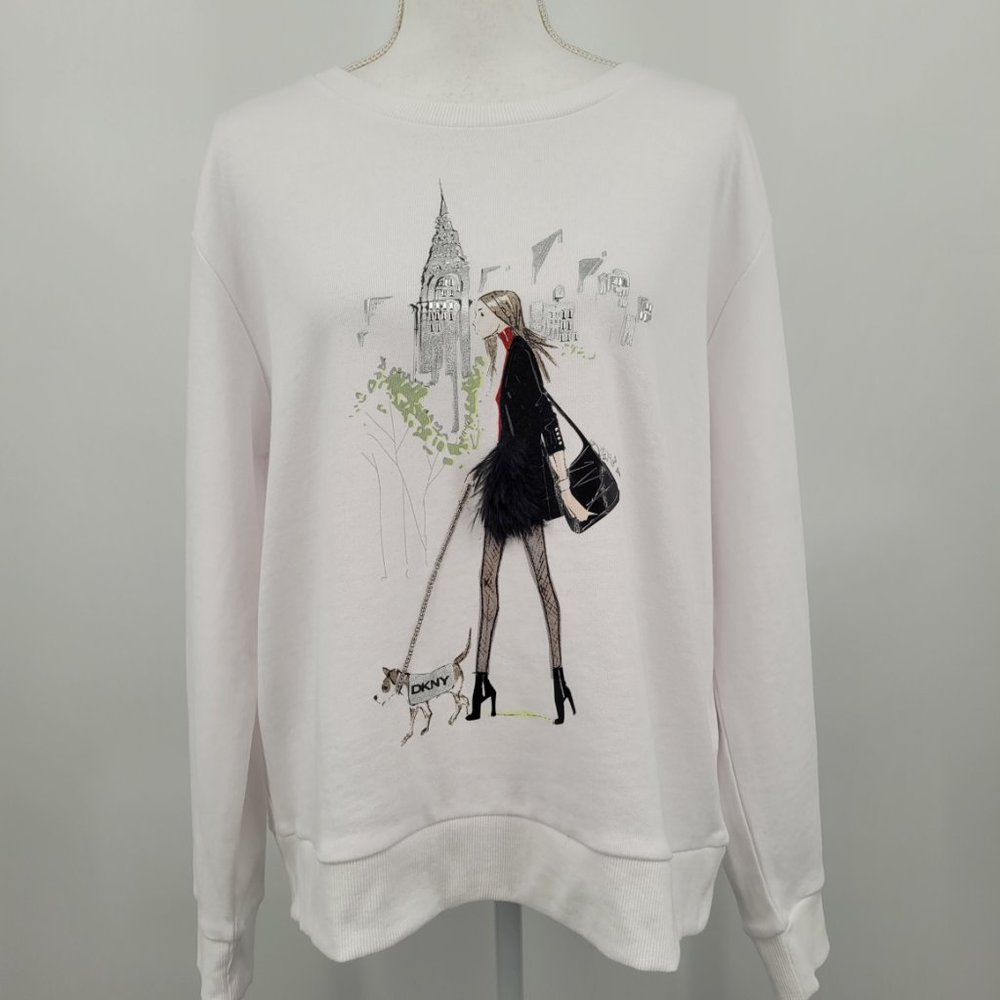 DKNY White Graphic Sweatshirt with Fashion Illustration